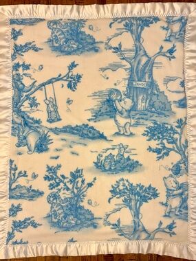 Y2K Vintage Handmade Winnie the Pooh Blue & White Toile Plush Satin Baby Blanket